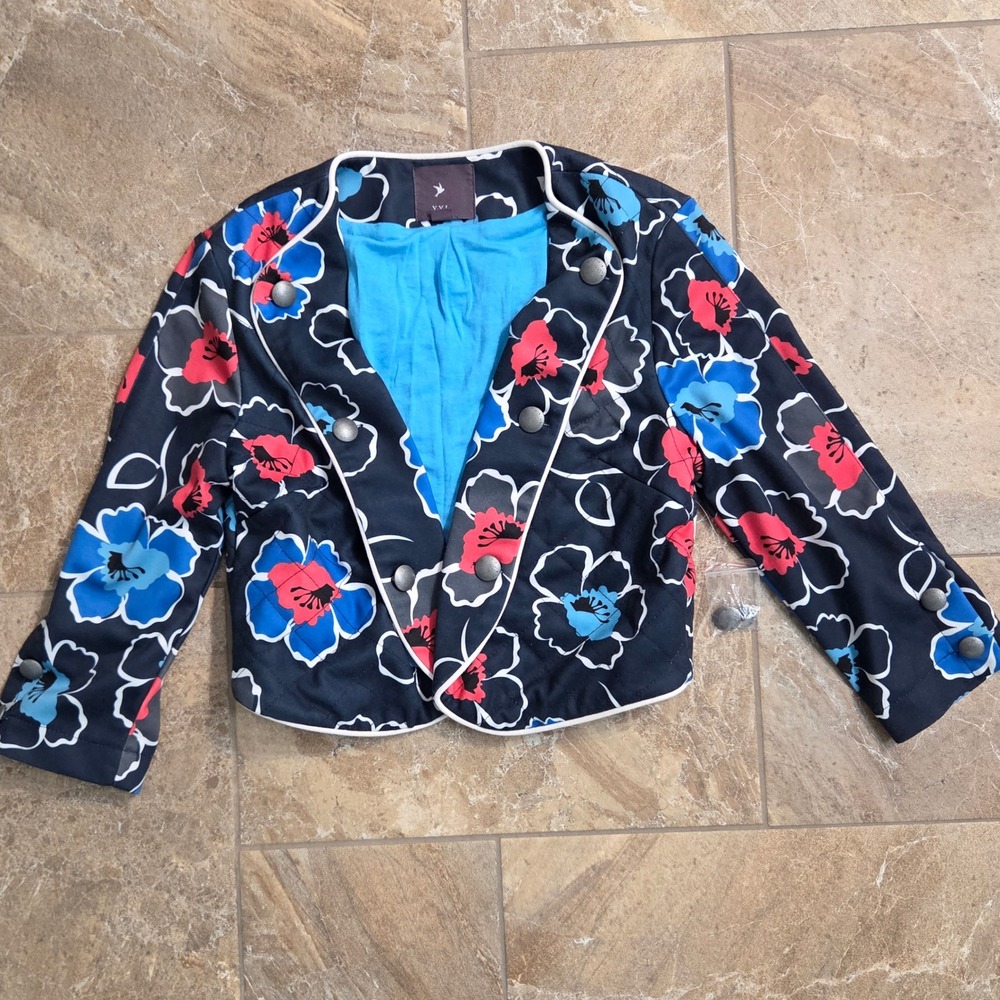 XXI Forever Quilted Floral Cropped Jacket Black Blue Red Military Button Medium